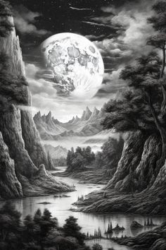 a black and white painting of the moon over a mountain landscape with trees, water and mountains