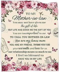 a mother's love poem with pink flowers and butterflies on the back of it