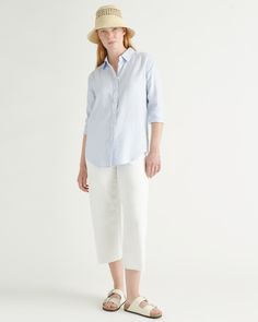 This shirt is the epitome of low-maintenance luxe. As a button-up, it's a classic wardrobe essential, but we love to wear it open as a spring/summer light layer. Our linen is made from 100% European flax, which is more sustainable and less resource-intensive to grow. Linen is the ultimate year-round fabric because it's breathable and naturally heat-regulating.  | Quince | Women's Long Sleeve Shirt in Light Blue, Size Medium, Linen Classic Wardrobe Essentials, Summer Light, Natural Textiles, Wide Leg Linen Pants, Classic Wardrobe, European Linens, Womens Long Sleeve Shirts, Linen Clothes, Natural Fabrics