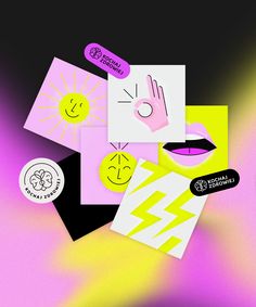 an assortment of stickers and magnets on a black background with pink and yellow colors