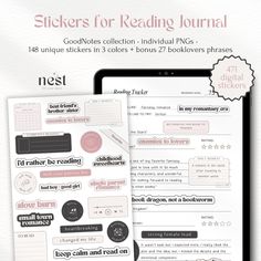 a tablet with stickers for reading journal on the screen and an ipad next to it