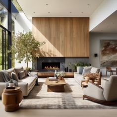 a living room filled with furniture and a fire place in the middle of a room