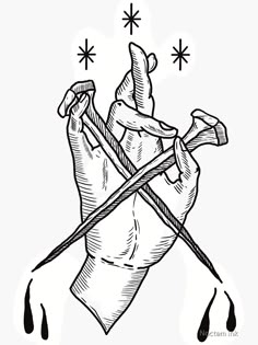 an ink drawing of a hand holding a cross with two crossed swords in the middle