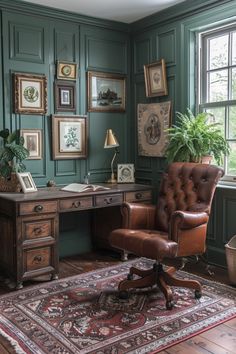 a chair and desk in an office with pictures on the wall above it, along with a rug