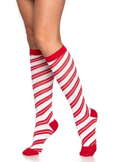 Candy Cane Craze!! Get festive with these adorable Candy Cane Striped Knee Socks in Red and White Stripes. They couldn't be any cuter and pair well with our Santa's Helper velvet collection. They hit just below the knee. Super soft and comfy! Available in O/S, one size fits all only Sugarpuss Size Chart + Care Instructions Shipping Info Candy Cane Outfit, Cane Outfit, Striped Knee High Socks, Knee High Stockings, Holiday Socks, Candy Cane Stripes, Velvet Collection, Leg Avenue, Over The Knee Socks