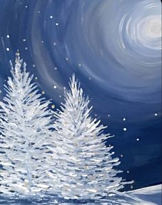 an acrylic painting of a white christmas tree in the snow with a blue background