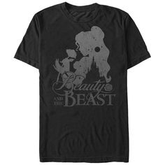 the beauty and the beast t - shirt is shown in black with white lettering on it