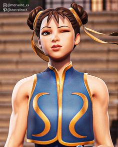 an animated woman wearing a blue and gold outfit with her hair in pigtails, looking to the side