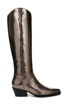 "Find FRANCO SARTO Billie Knee High Western Boot on Editorialist. A graduated rand and single stud bring stealthy shine to this sleek boot for a look that mixes playfulness and sophistication. 1 3/4\" heel 14 3/4\" shaft; 14\" calf circumference Side zip closure Leather upper/synthetic lining and sole Imported" Luxury Metallic Boots For Formal Occasions, Metallic Boots For Formal Fall Occasions, Metallic Leather Boots For Formal Occasions, Formal Metallic Leather Boots, Metallic Leather Boots For Evening, Elegant Metallic Boots With Round Toe, Elegant Silver Snip Toe Boots, Elegant Metallic Round Toe Boots, Silver Snip Toe Boots For Formal Occasions