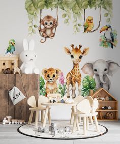 children's room with jungle animals and wall mural