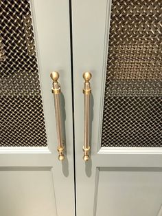 two gold handles on the front doors of a building