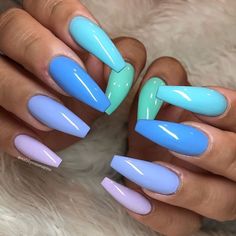 💛 FOLLOW @swaybreezy FOR MORE ✨🧸 One Nail Different Color, Summer Nails Different Colors, Two Different Nail Colors On Each Hand, Different Shades Of Blue Nails, Colourful Acrylic Nails, Different Color Nails, Almond Nail Art, Multicolored Nails, Blue Acrylic Nails