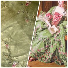 two pictures one is green and the other has pink flowers on it, both are made from silk