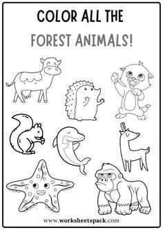 an animal coloring page with the words color all the forest animals