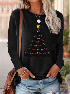 Womens Christmas Tree Cute Black Cat Christmas Print Crew Neck Long Sleeve Top Black Long Sleeve Christmas Tops, Festive Holiday Black Top, Holiday Black Long Sleeve Tops, Black Top For Festive Holiday Occasions, Black Christmas Festive Tops, Black Festive Christmas Top, Black Festive Tops For Christmas, Festive Black Christmas Tops, Festive Black Christmas Top