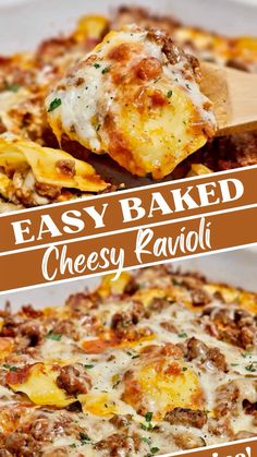 an easy baked cheesy ravioli casserole recipe with cheese and meat