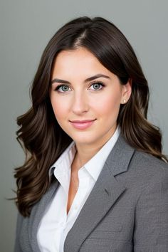 a woman in a business suit posing for a photo with long hair and blue eyes