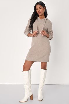 Heather Taupe Dress - Mini Sweater Dress - Hooded Sweater Dress - Lulus Cozy Ribbed Sweater Dress For Winter, Cozy Ribbed Winter Sweater Dress, Ribbed Knit Sweater Dress For Loungewear, Casual Beige Ribbed Sweater Dress, Winter Ribbed Hoodie For Loungewear, Casual Winter Sweater Dress With Ribbed Cuffs, Hooded Sweater Dress, Taupe Dress, Mini Sweater