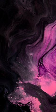 an abstract painting with pink and purple colors on black marbled paper that looks like fluid paint