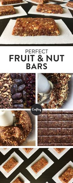 an assortment of fruit and nut bars with text overlay that reads perfect fruit and nut bars