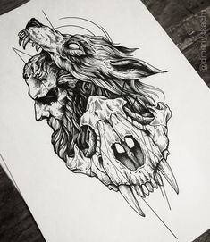 a black and white drawing of a wolf skull