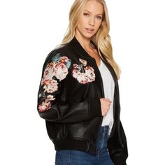 Nwt! Rare Find Super Cute!! Faux Leather Bomber By Joe's. With Floral Designs. She'll 100% Polyurethane Spring Black Outerwear With Floral Embroidery, Chic Embroidered Black Outerwear, Casual Fall Outerwear With Floral Applique, Chic Black Embroidered Outerwear, Casual Floral Applique Outerwear For Fall, Fitted Fall Outerwear With Floral Applique, Fitted Floral Applique Outerwear For Fall, Fitted Outerwear With Embroidered Sleeves, Bomber Jackets