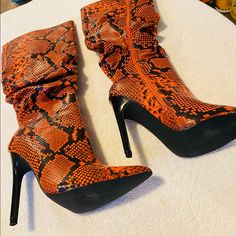 Brand New Super Sexy Stiletto Boots By Shoe Dazzle - Size 7.5 - Heel Height 4.5 Inches - Boot Shaft Height Is 15 Inches Box 31 Stiletto Boots, Grad Photos, Shoes Brand, Shoe Dazzle, Black Orange, Shoes Heels Boots, Shoe Brands, Orange Black, Shoes Women Heels