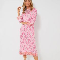 Pretty In Pink! The Hayes Dress Is An Understated Stunner That Deserves A Spot In Your Closet. Done In An Exclusive Soft And Silky Geometric Print, This Midi Features A Crewneck With Contrast Print On Cuff And Hem. A True Classic, This Silhouette Can Work For Every Occasion And Every Body Type, So It Is No Surprise That It Has Become Our Go-To For Everything From Cocktails With Friends To Warm-Weather Vacations To Sea Side Weddings. Add Strappy Sandals And Statement Accessories For Chic Feminine Cocktails With Friends, Tuckernuck Dress, Beautiful Midi Dresses, Mom Wardrobe, Ss 2024, Jasper Conran, Sea Side, Statement Accessories, Bold Patterns