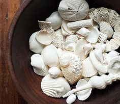 a wooden bowl filled with sea shells on top of a table