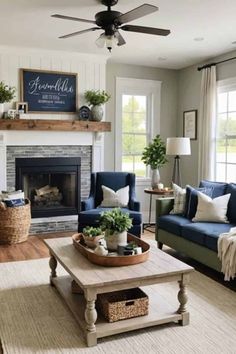 a living room filled with furniture and a fire place in front of a fireplace covered in potted plants