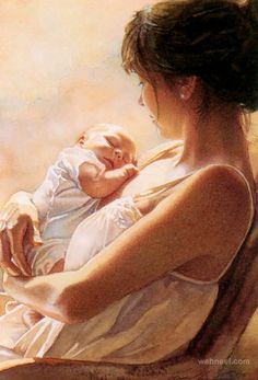 a painting of a woman holding a baby in her arms and looking at the sky