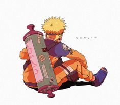 naruto is sitting on the ground with his back to the camera and holding a skateboard