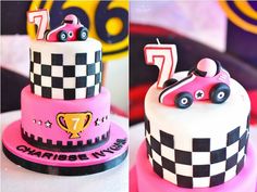 two cakes decorated with racing cars on top of each other, one is pink and the other is white