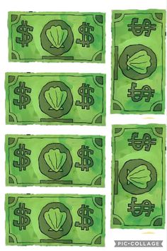 six dollar bills with green leaves on them and the words, $ 5 00 each