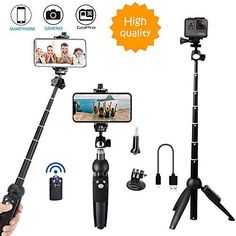 the selfie stick is being used to take pictures with an iphone, camera and tripod