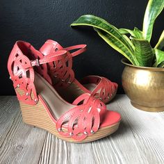 Sbicca Brand Cut Out Wedge Sandals. Beautiful Coral Color. Ornate Cut Out Detail. Ankle Strap. Size 8. Never Worn. Convo With Any Questions. 30a Summer Wedge Sandals With Stacked Heel, Beach Wedge Sandals With Stacked Heel And Ankle Strap, Spring Beach Wedge Sandals With Stacked Heel, Summer Synthetic Wedge Sandals With Stacked Heel, Wedge Heel Sandals For Beach Season, Synthetic Wedge Heels For Beach Season, Beach Wedge Sandals With Stacked Heel, Synthetic Wedge Sandals With 4-inch Block Heel, Beach Wedge Sandals With Cork-bed Midsoles