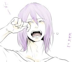 a drawing of a woman with purple hair holding her hand up to her face and looking at the camera