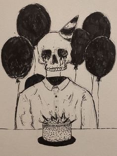 a black and white drawing of a skeleton holding a birthday cake with balloons on it