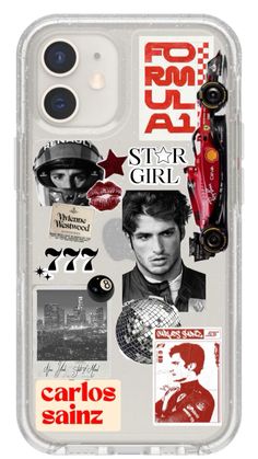 an iphone case with various pictures and words on the back, including a man's face