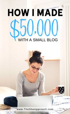 a woman sitting on her bed with a laptop and coffee mug in front of her