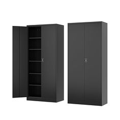 two black storage cabinets side by side with doors open and shelves on the other side