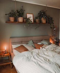 an unmade bed with plants on the shelves above it