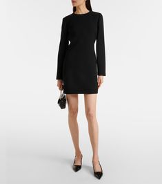 Wool crêpe minidress in black - Gucci | Mytheresa Gucci Black Dress, Wool Crepe, Gucci Outfits, Dress Home, Gucci Black, Gucci Belt, Black Tights, Color Names, Wool Blend