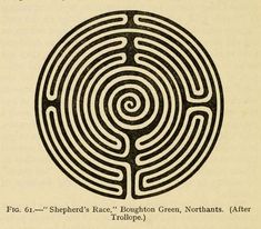 an old black and white book page with a circular maze in it's center