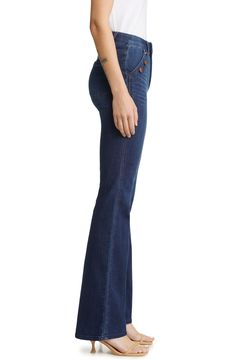 Button-trimmed pockets add to the chic feel of stretch-denim jeans featuring a flared leg and a fit system that's designed to comfortably shape and hold. 33 1/2" inseam; 20" leg opening; 10" front rise; 12" back rise (size 8) 91% cotton, 8% polyester, 1% spandex Machine wash, tumble dry Imported Mid-rise Flare Jeans With Button Zip Fly For Fall, Mid-rise Button Closure Flare Jeans For Fall, Fitted Mid-rise Flare Jeans With Button Closure, Mid-rise Flare Jeans With Button Closure For Fall, Dark Wash Flare Jeans With Buttons For Fall, Fitted High Waist Flare Jeans With Button Zip Fly, Full Length Medium Wash Flare Jeans With Button Closure, Fitted Medium Wash Pants With Button Closure, Classic Mid-rise Flare Jeans With Button Closure