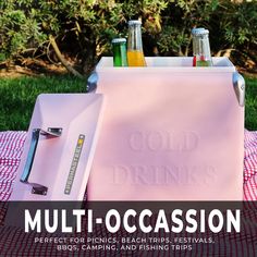 a cooler sitting on top of a picnic blanket with drinks in it and the words, multi - occasion perfect for picnics, beach trips, festivals, bbq