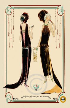 two women in evening dresses, one wearing a mask and the other holding a purse