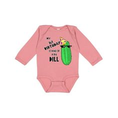 My 1st Birthday is kind of a Big Dill, Pickle in Sunglasses Long Sleeve Creeper. Funny first birthday gift for your son or nephew. Size: 6 Months.  Color: Pink. One Big Dill Birthday, Pickle Themed First Birthday, Pickle Themed 1st Birthday, Funny First Birthday, Playful Funny Print T-shirt For First Birthday, First Birthday Funny Print Crew Neck T-shirt, Pickle Party, Pink T-shirt With Funny Print For First Birthday, Big Dill