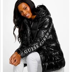 Perfect For Extra Cold Days, This Puffer Jacket Is Designed With An Attached Drawstring Hood, With Multiple Front Pockets. 65% Polyamide/Nylon, 35% Recycled Polyamide Puffer Jacket Guess, Guess Puffer Jacket, Black Puffer Jacket, Puffer Jacket Women, Black Puffer, Cold Day, Puffer Jacket, Puffer, Winter Jackets