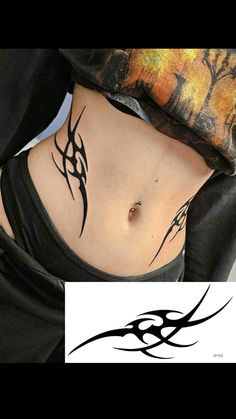 a woman with a tattoo on her stomach is shown in front of an image of the bottom